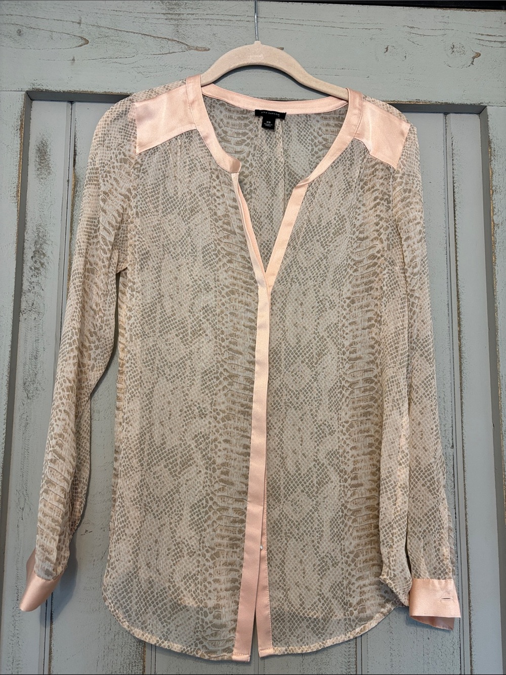 Ann Taylor sheer Snake-Print Blouse in Pale Pink